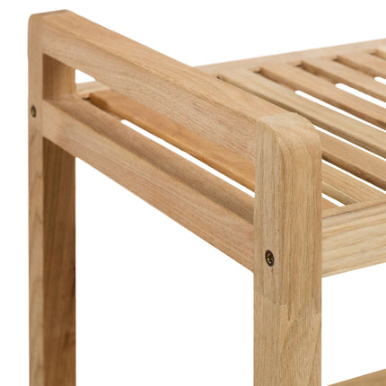 Wooden bathroom shelf with wheels