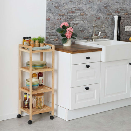 Étagère de salle de bain en bois avec roulettes