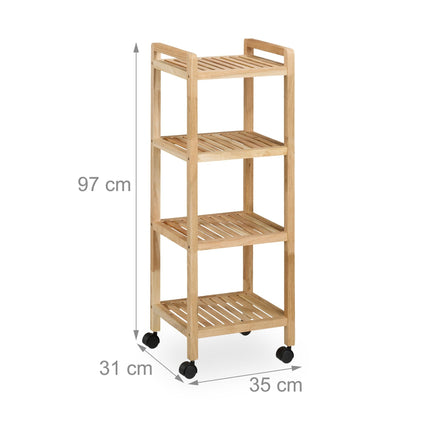 Étagère de salle de bain en bois avec roulettes