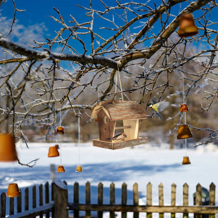 Wooden bird feeder with suspension