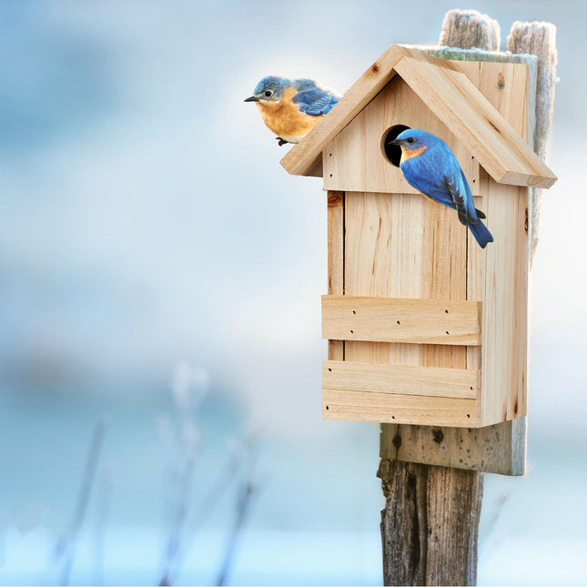 Wooden birdhouse with pointed roof
