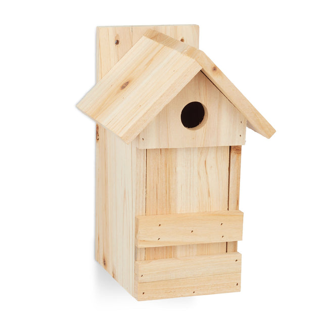 Wooden birdhouse with pointed roof