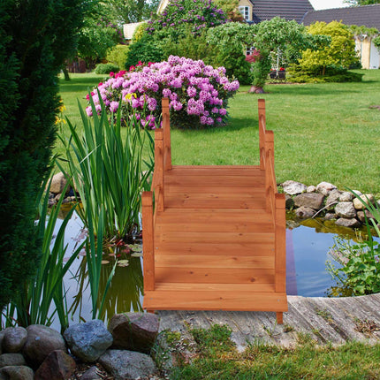Holzbrücke über Teich mit Geländer