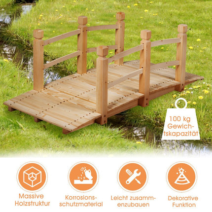 Holzbrücke Teichbrücke Steg Gartenbrücke Holzsteg mit Geländer 150cm Natur