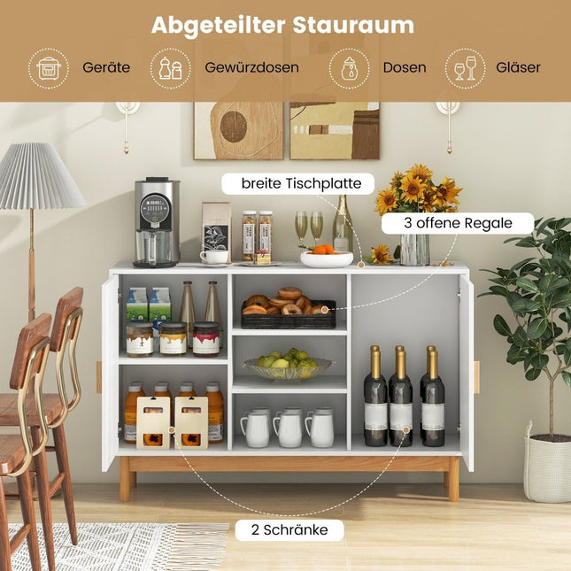 Holz Buffetschrank Küchenschrank mit 2 Bambustüren &amp; 3 offenen Regalen 120 x 35 x 78 cm Natur + Weiß