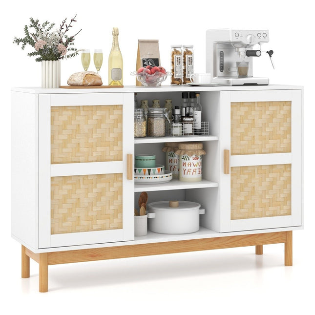 Holz Buffetschrank Küchenschrank mit 2 Bambustüren &amp; 3 offenen Regalen 120 x 35 x 78 cm Natur + Weiß