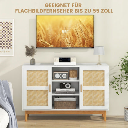Holz Buffetschrank Küchenschrank mit 2 Bambustüren &amp; 3 offenen Regalen 120 x 35 x 78 cm Natur + Weiß