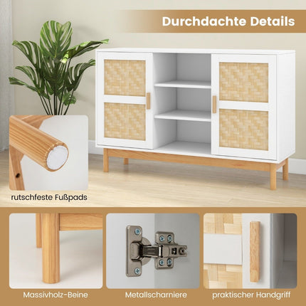 Holz Buffetschrank Küchenschrank mit 2 Bambustüren &amp; 3 offenen Regalen 120 x 35 x 78 cm Natur + Weiß