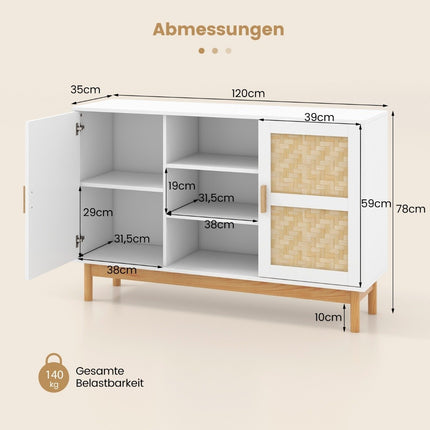Holz Buffetschrank Küchenschrank mit 2 Bambustüren &amp; 3 offenen Regalen 120 x 35 x 78 cm Natur + Weiß