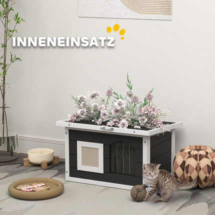 Weatherproof gray wooden cat house with scratching mat