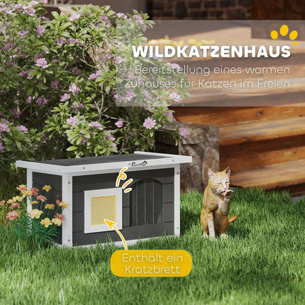 Weatherproof gray wooden cat house with scratching mat