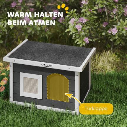 Weatherproof gray wooden cat house with scratching mat