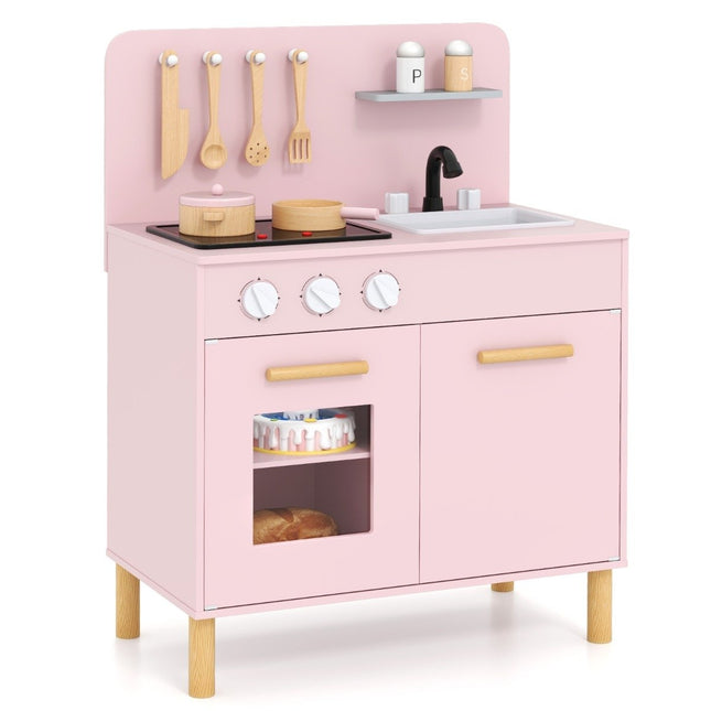 Kinderküche aus Holz mit 10 Zubehörteilen Spielküche mit Licht &amp; Sound Spielzeugküche rosa