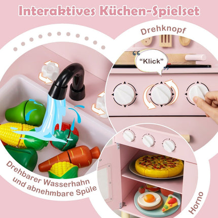 Kinderküche aus Holz mit 10 Zubehörteilen Spielküche mit Licht &amp; Sound Spielzeugküche rosa
