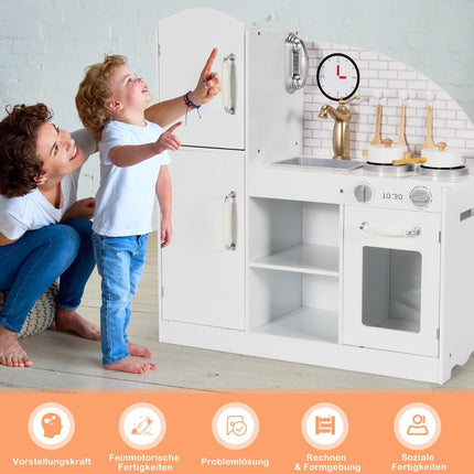 Kinderküche aus Holz mit Geschirr &amp; Wasserhahn &amp; Spüle, Telefon &amp; Schränken 78 x 29 x 83 cm weiß