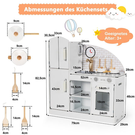 Kinderküche aus Holz mit Geschirr &amp; Wasserhahn &amp; Spüle, Telefon &amp; Schränken 78 x 29 x 83 cm weiß
