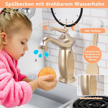 Kinderküche aus Holz mit Geschirr &amp; Wasserhahn &amp; Spüle, Telefon &amp; Schränken 78 x 29 x 83 cm weiß