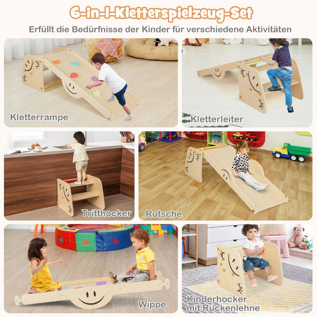 Klettergerüst aus Holz mit umkehrbarer Rampe, Wippe, Kletterleiter und Kletterspielzeug mit Smiley-Muster