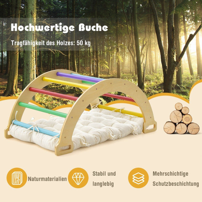 Kletterbogen aus Holz mit weichem Kissen zum Schaukeln, Klettern und Krabbeln, Klettergerüst, bunt