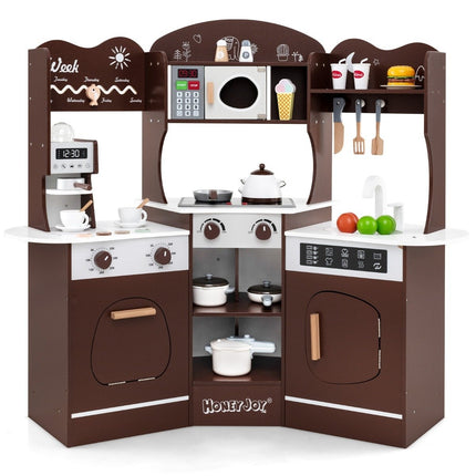 Eckspielküche aus Holz mit Ton &amp; Licht &amp; Kaffeemaschine &amp; Rutsche Kleinkinderküchen-Spielset, Braun