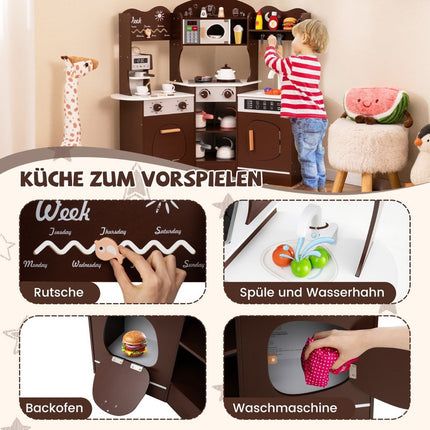 Eckspielküche aus Holz mit Ton &amp; Licht &amp; Kaffeemaschine &amp; Rutsche Kleinkinderküchen-Spielset, Braun
