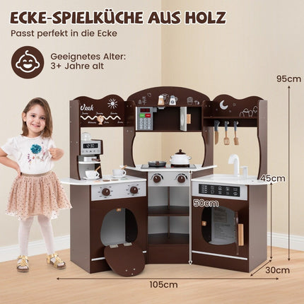 Eckspielküche aus Holz mit Ton &amp; Licht &amp; Kaffeemaschine &amp; Rutsche Kleinkinderküchen-Spielset, Braun