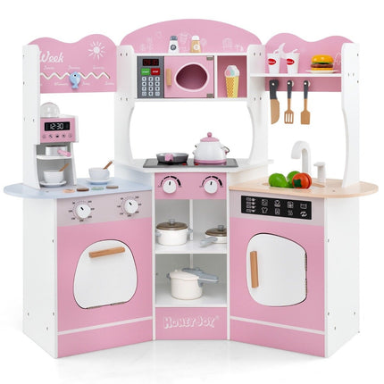 Eckspielküche aus Holz mit Ton &amp; Licht &amp; Kaffeemaschine &amp; Rutsche Kleinkinderküchen-Spielset, Rosa