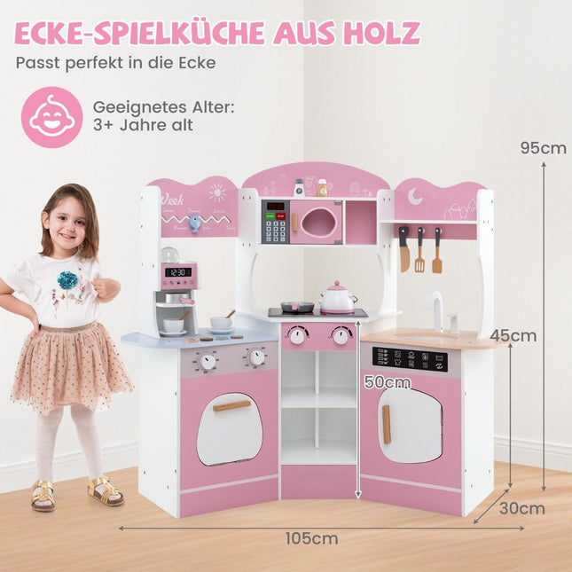 Wooden corner play kitchen with sound &amp; Light &amp; Coffee machine &amp; Slide Toddler Kitchen Playset Pink