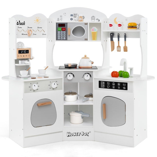 Wooden corner play kitchen with sound &amp; Light &amp; Coffee machine &amp; Slide Toddler Kitchen Playset White