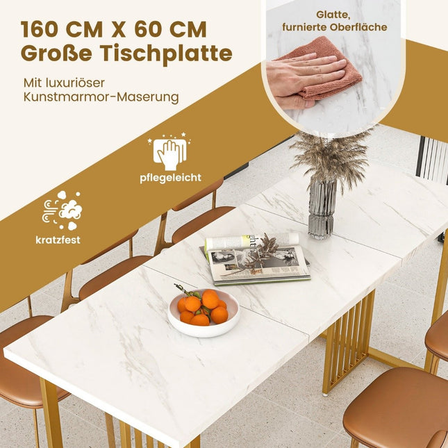 Holz Esstisch 160 x 60 cm rechteckig Küchentisch mit Marmoroptik und Metallbeinen Weiß + Gold