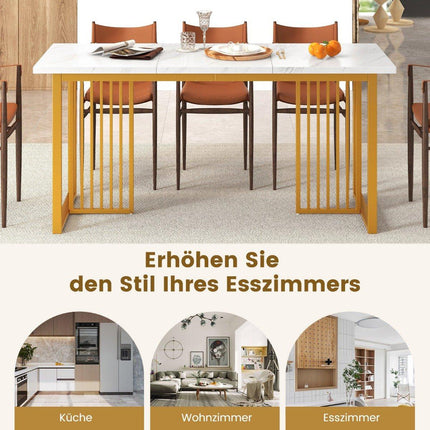Holz Esstisch 160 x 60 cm rechteckig Küchentisch mit Marmoroptik und Metallbeinen Weiß + Gold
