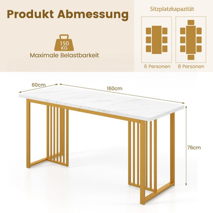 Holz Esstisch 160 x 60 cm rechteckig Küchentisch mit Marmoroptik und Metallbeinen Weiß + Gold