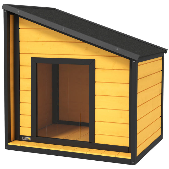 Niche pour chien en bois, niche pour chien avec toit ouvrant en asphalte et rideau de porte, niche pour chien d'extérieur, niche pour petit animal pour petits chiens, extérieur, résistant aux intempéries, jaune, 71 x 58 x 53/77 cm