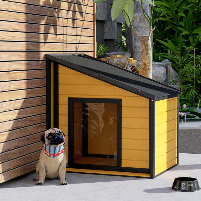 Niche pour chien en bois, niche pour chien avec toit ouvrant en asphalte et rideau de porte, niche pour chien d'extérieur, niche pour petit animal pour petits chiens, extérieur, résistant aux intempéries, jaune, 71 x 58 x 53/77 cm