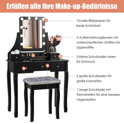 Frisiertisch aus Holz mit rechteckigem Spiegel und gepolstertem Hocker 80 x 40 x 135,5 cm schwarz
