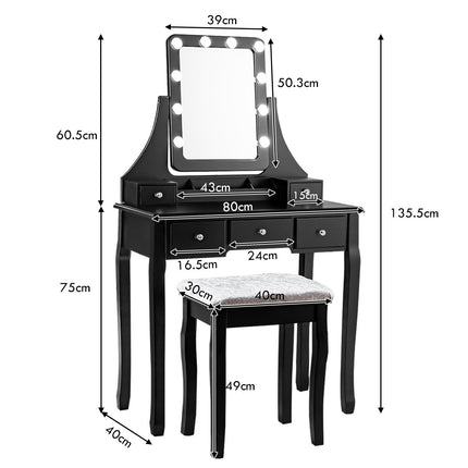Frisiertisch aus Holz mit rechteckigem Spiegel und gepolstertem Hocker 80 x 40 x 135,5 cm schwarz
