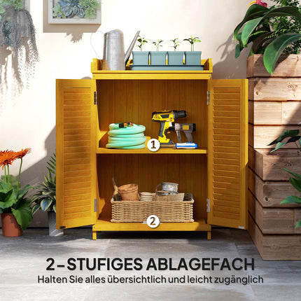 Gelber Geräteschuppen aus Holz mit Regalen, wetterfest