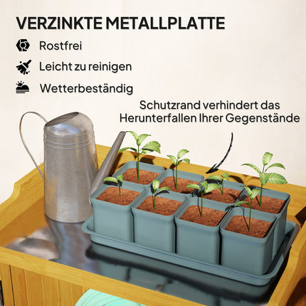 Gelber Geräteschuppen aus Holz mit Regalen, wetterfest