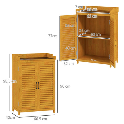 Gelber Geräteschuppen aus Holz mit Regalen, wetterfest
