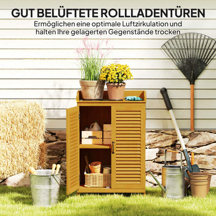 Gelber Geräteschuppen aus Holz mit Regalen, wetterfest