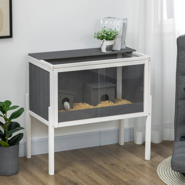 Cage à hamster en bois pour hamsters nains, cage à rongeurs, cage pour petits animaux avec 2 cabanes et accessoires, grande cage à souris, 82 x 45 x 81 cm, gris