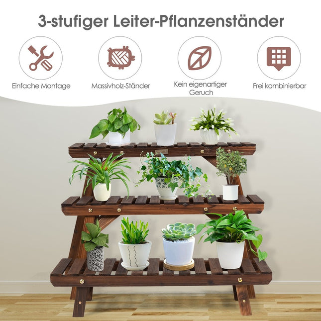 Pflanzenständer aus Holz, 3-stöckig, Eck-Pflanzenregal, 3-teilig, brauner Blumenständer