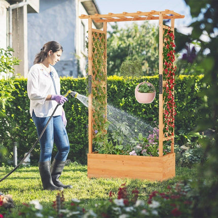 Wooden raised bed with trellis & hanging roof & trellis planter 110 x 44 x 182 cm