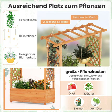 Wooden raised bed with trellis & hanging roof & trellis planter 110 x 44 x 182 cm