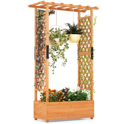 Wooden raised bed with trellis & hanging roof & trellis planter 110 x 44 x 182 cm