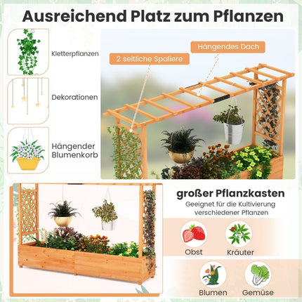 Hochbeet aus Holz mit Spalier &amp; Hängedach &amp; Spalier-Pflanzkasten 200 x 44 x 114 cm