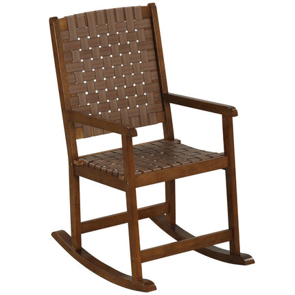 Schaukelstuhl aus Holz mit Armlehne &amp; Kunstledergeflecht &amp; Gummibaumgestell braun