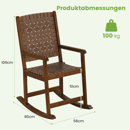 Schaukelstuhl aus Holz mit Armlehne &amp; Kunstledergeflecht &amp; Gummibaumgestell braun