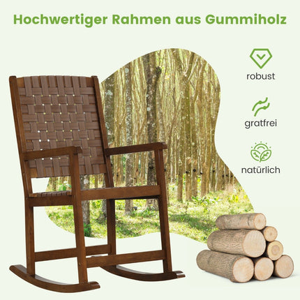 Schaukelstuhl aus Holz mit Armlehne &amp; Kunstledergeflecht &amp; Gummibaumgestell braun