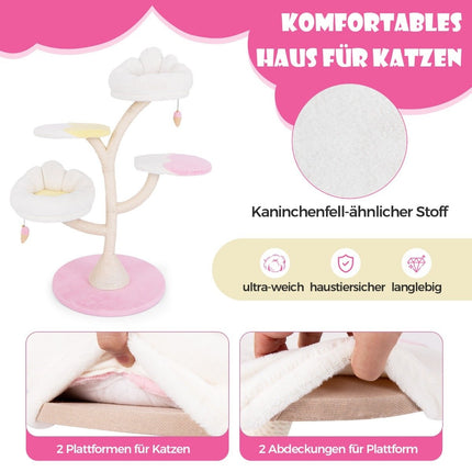 Kratzbaum aus Holz, süßer Katzenbaum mit 2 Liegeflächen &amp; 2 Plattformen &amp; Spielball &amp; Sisalstämmen weiß + rosa